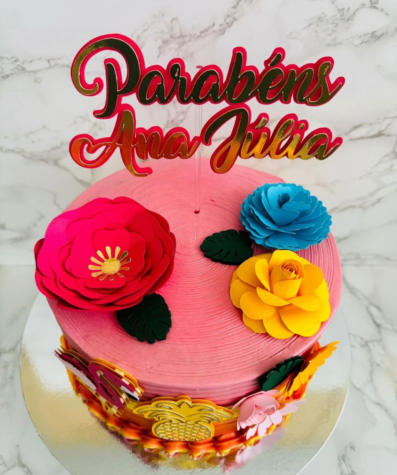 Tropical Cake Topper | Flamingo and Pineapple Birthday Cake Decoration | Summer Party Supplies | Luau Theme Birthday Ideas | Personalised Tropical Party Decor