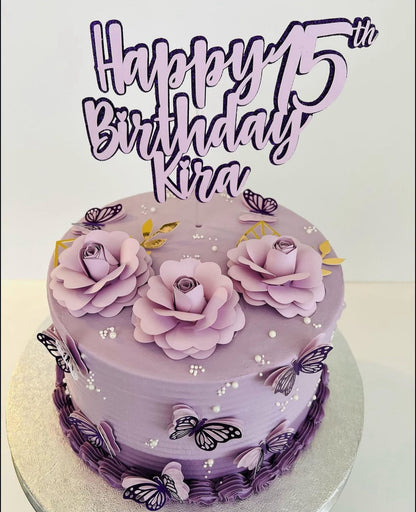 Butterfly Cake Topper | Purple Lilac Birthday Cake Decoration | Floral Party Supplies | Paper Flowers Cake Topper | Elegant Butterfly Theme Birthday Ideas | Personalised Butterfly Party Decor