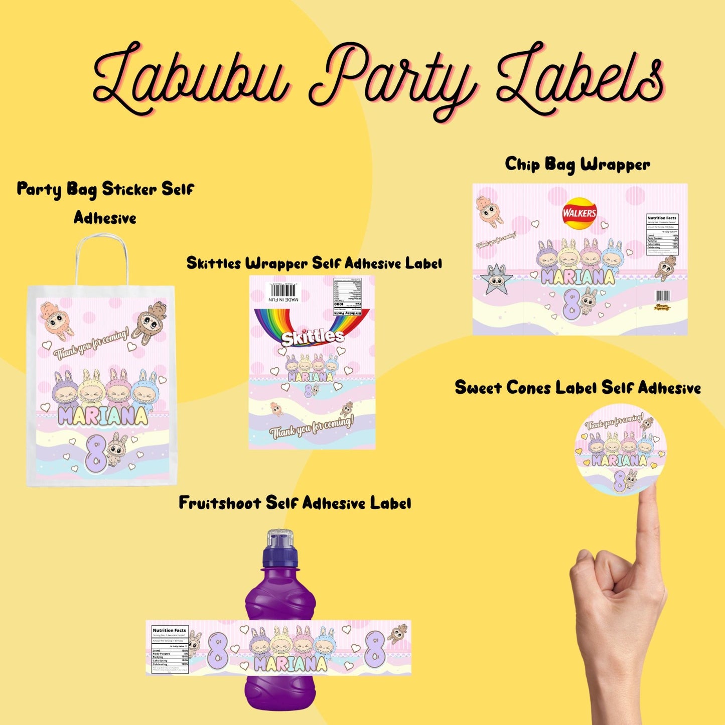 Labubu Self Adhesive Stickers | Labubu Stickers | Labubu Cone Stickers | Labubu Fruishoot Labels | Labubu Gable Box Stickers | Labubu Chipbag Wrapper | Labubu Skittles Wrapper | Labubu Party Bag Sticker