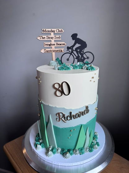 Personalised Cycling Cake Topper Set with Cyclist Silhouette & Custom Wooden Direction Sign
