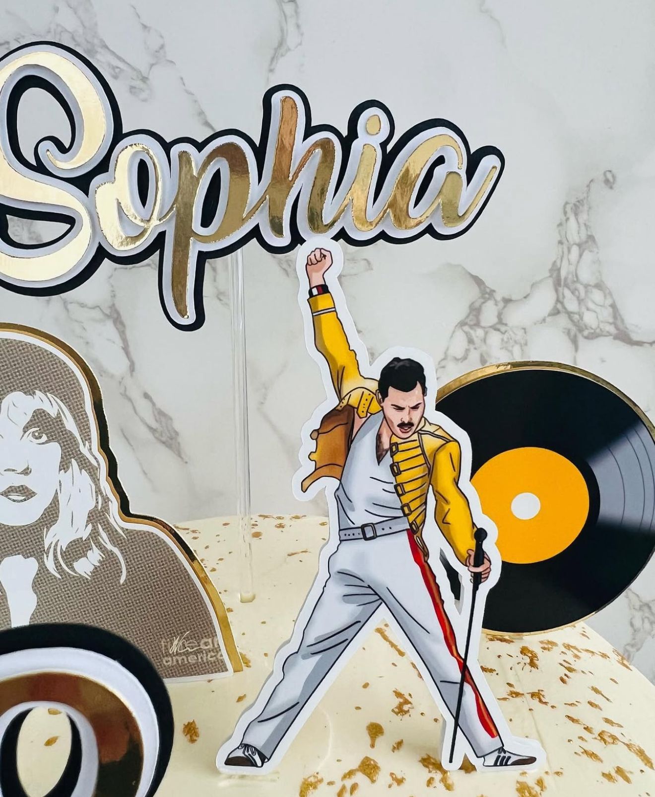 Retro Music Cake Topper | Freddie Mercury Birthday Decoration | Vinyl Record Party Supplies | 80s Theme Birthday Ideas | Personalised Music Party Decor