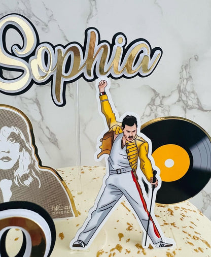 Retro Music Cake Topper | Freddie Mercury Birthday Decoration | Vinyl Record Party Supplies | 80s Theme Birthday Ideas | Personalised Music Party Decor