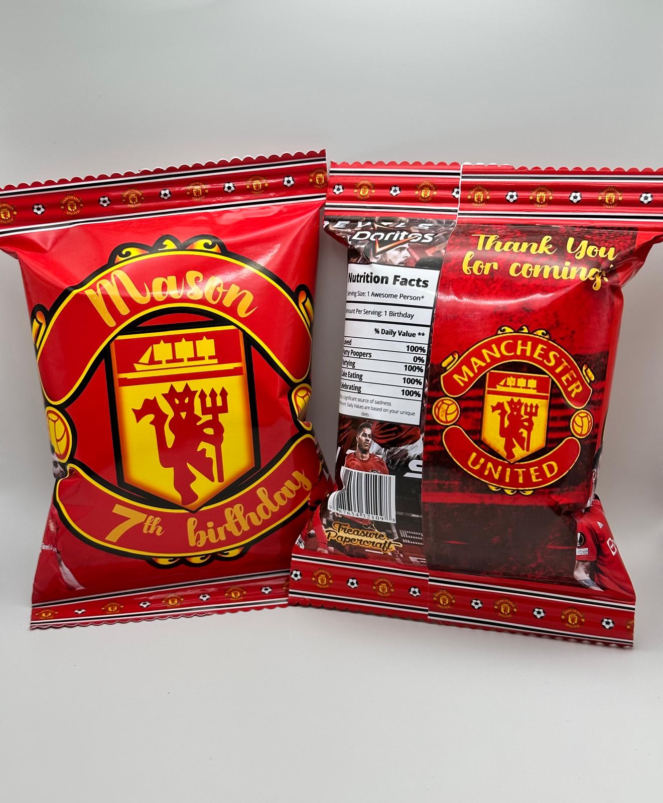 Manchester United Chip Bag | Manchester United Party Favours | Manchester United Personalised Party Supplies | Manchester United Chips | Manchester United Party Filler | Manchester United Birthday