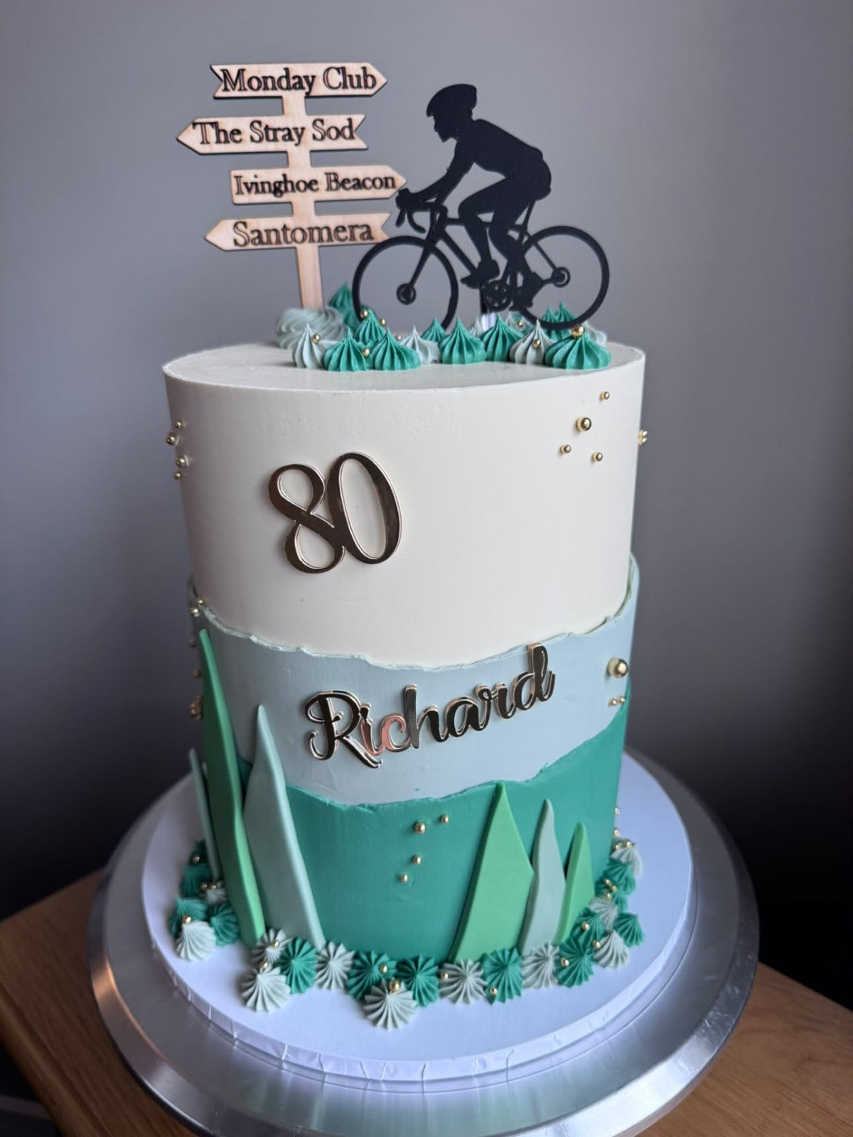 Personalised Cycling Cake Topper Set with Cyclist Silhouette & Custom Wooden Direction Sign