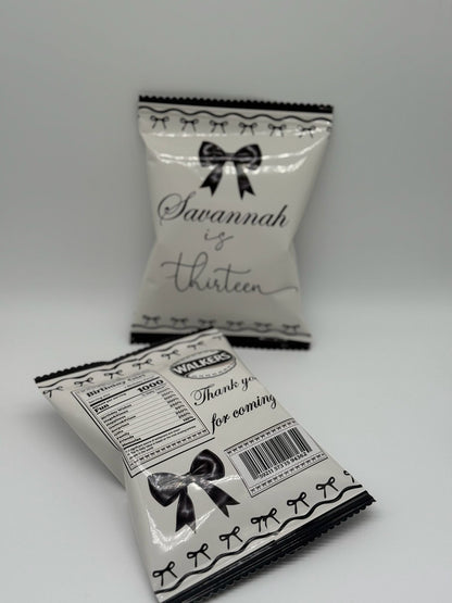 Personalised Black Bow Aesthetic Chipbags | Personalised Black Bow Party Favours | Personalised Black Bow Aesthetic Chips