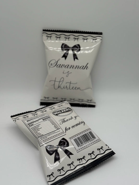 Personalised Black Bow Aesthetic Chipbags | Personalised Black Bow Party Favours | Personalised Black Bow Aesthetic Chips
