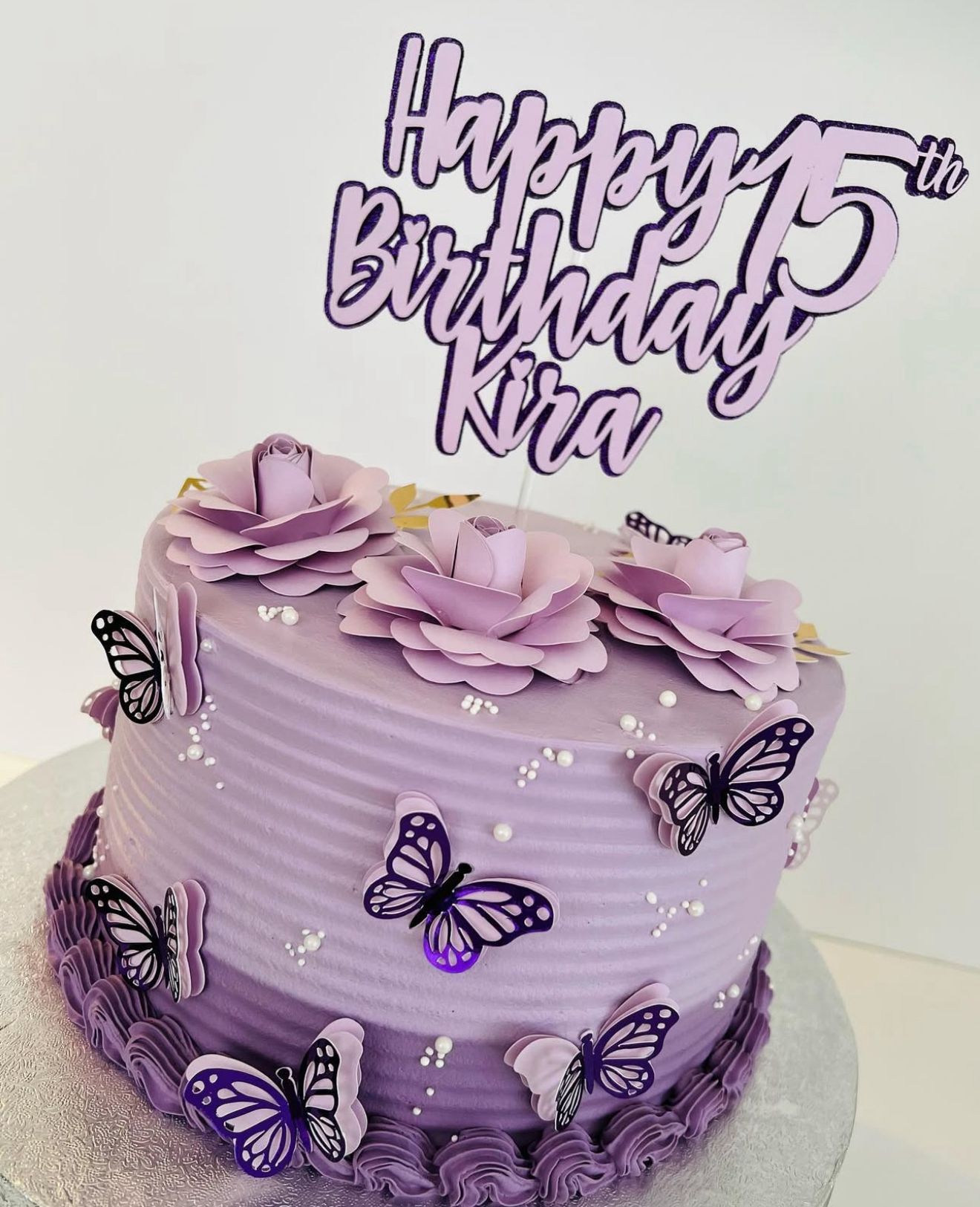 Butterfly Cake Topper | Purple Lilac Birthday Cake Decoration | Floral Party Supplies | Paper Flowers Cake Topper | Elegant Butterfly Theme Birthday Ideas | Personalised Butterfly Party Decor