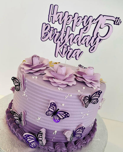 Butterfly Cake Topper | Purple Lilac Birthday Cake Decoration | Floral Party Supplies | Paper Flowers Cake Topper | Elegant Butterfly Theme Birthday Ideas | Personalised Butterfly Party Decor