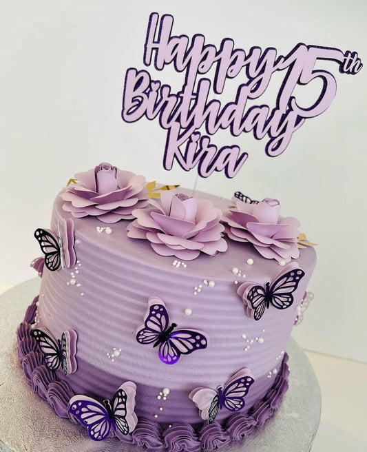 Butterfly Cake Topper | Purple Lilac Birthday Cake Decoration | Floral Party Supplies | Paper Flowers Cake Topper | Elegant Butterfly Theme Birthday Ideas | Personalised Butterfly Party Decor