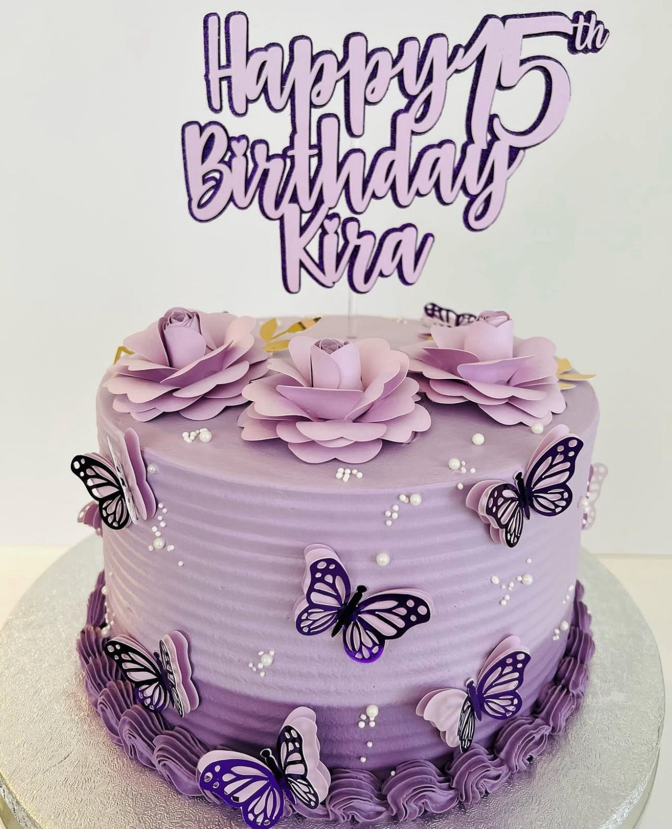 Butterfly Cake Topper | Purple Lilac Birthday Cake Decoration | Floral Party Supplies | Paper Flowers Cake Topper | Elegant Butterfly Theme Birthday Ideas | Personalised Butterfly Party Decor