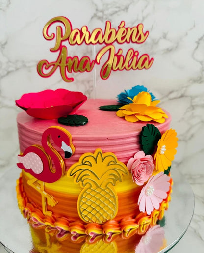 Tropical Cake Topper | Flamingo and Pineapple Birthday Cake Decoration | Summer Party Supplies | Luau Theme Birthday Ideas | Personalised Tropical Party Decor