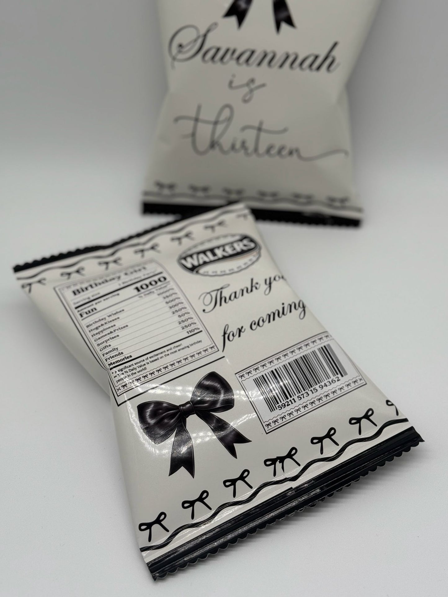 Personalised Black Bow Aesthetic Chipbags | Personalised Black Bow Party Favours | Personalised Black Bow Aesthetic Chips