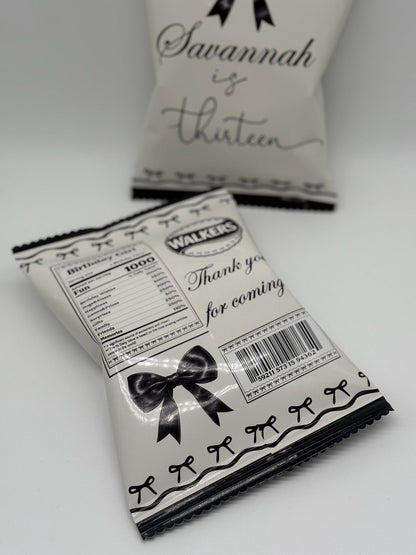 Personalised Black Bow Aesthetic Chipbags | Personalised Black Bow Party Favours | Personalised Black Bow Aesthetic Chips