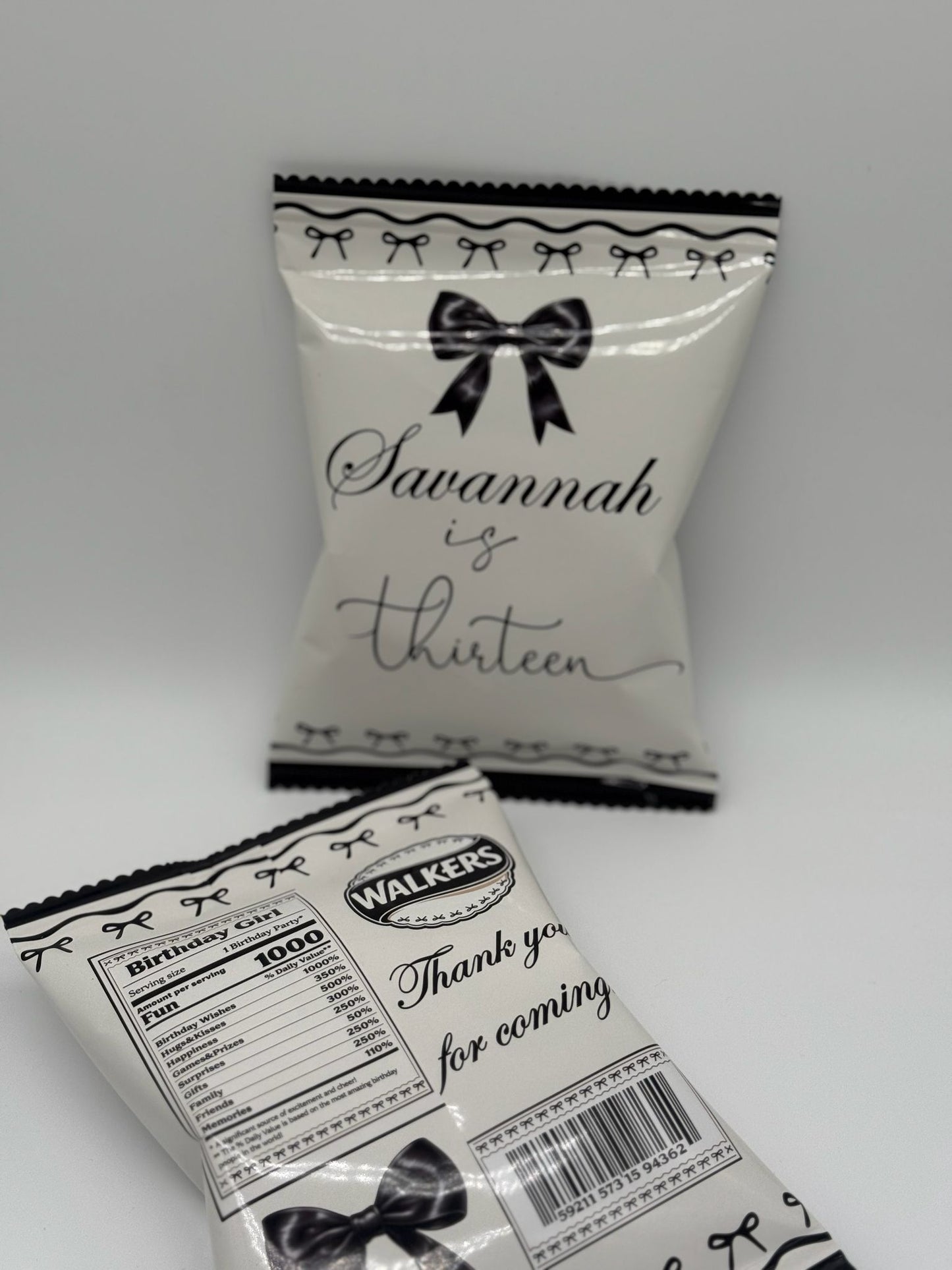 Personalised Black Bow Aesthetic Chipbags | Personalised Black Bow Party Favours | Personalised Black Bow Aesthetic Chips