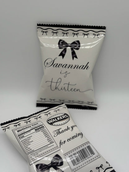Personalised Black Bow Aesthetic Chipbags | Personalised Black Bow Party Favours | Personalised Black Bow Aesthetic Chips