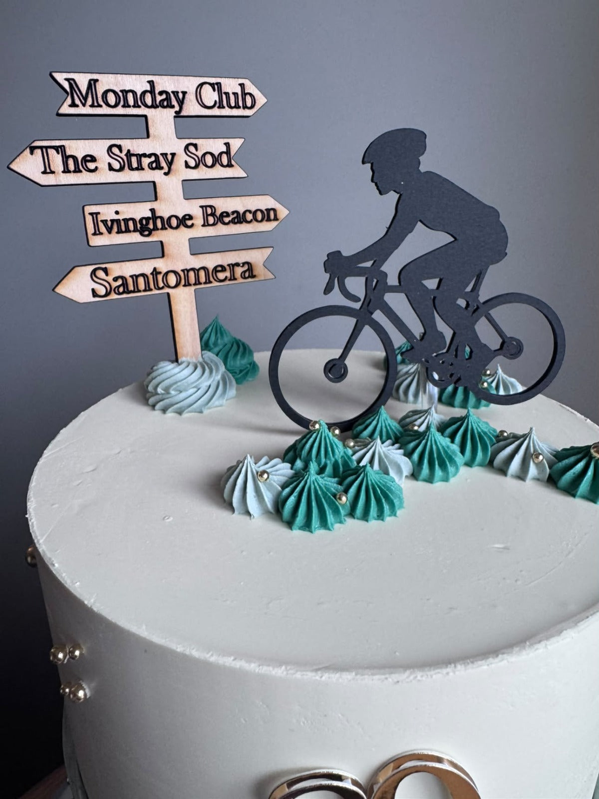 Personalised Cycling Cake Topper Set with Cyclist Silhouette & Custom Wooden Direction Sign