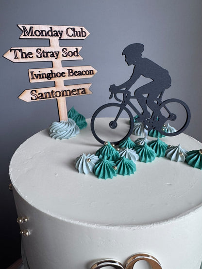 Personalised Cycling Cake Topper Set with Cyclist Silhouette & Custom Wooden Direction Sign