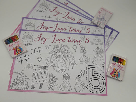 Disney Princess Activity Set | Disney Princess Personalised Activity Sheet | Disney Princess Personalised Crayons | Disney Princess Kids Placemat | Disney Princess Fun Activities | Disney Princess Table Decor | Disney Princess Cute Activity Ideas