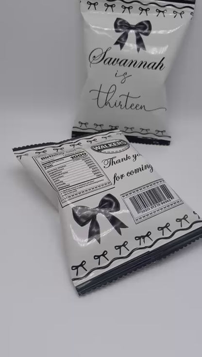 Personalised Black Bow Aesthetic Chipbags | Personalised Black Bow Party Favours | Personalised Black Bow Aesthetic Chips